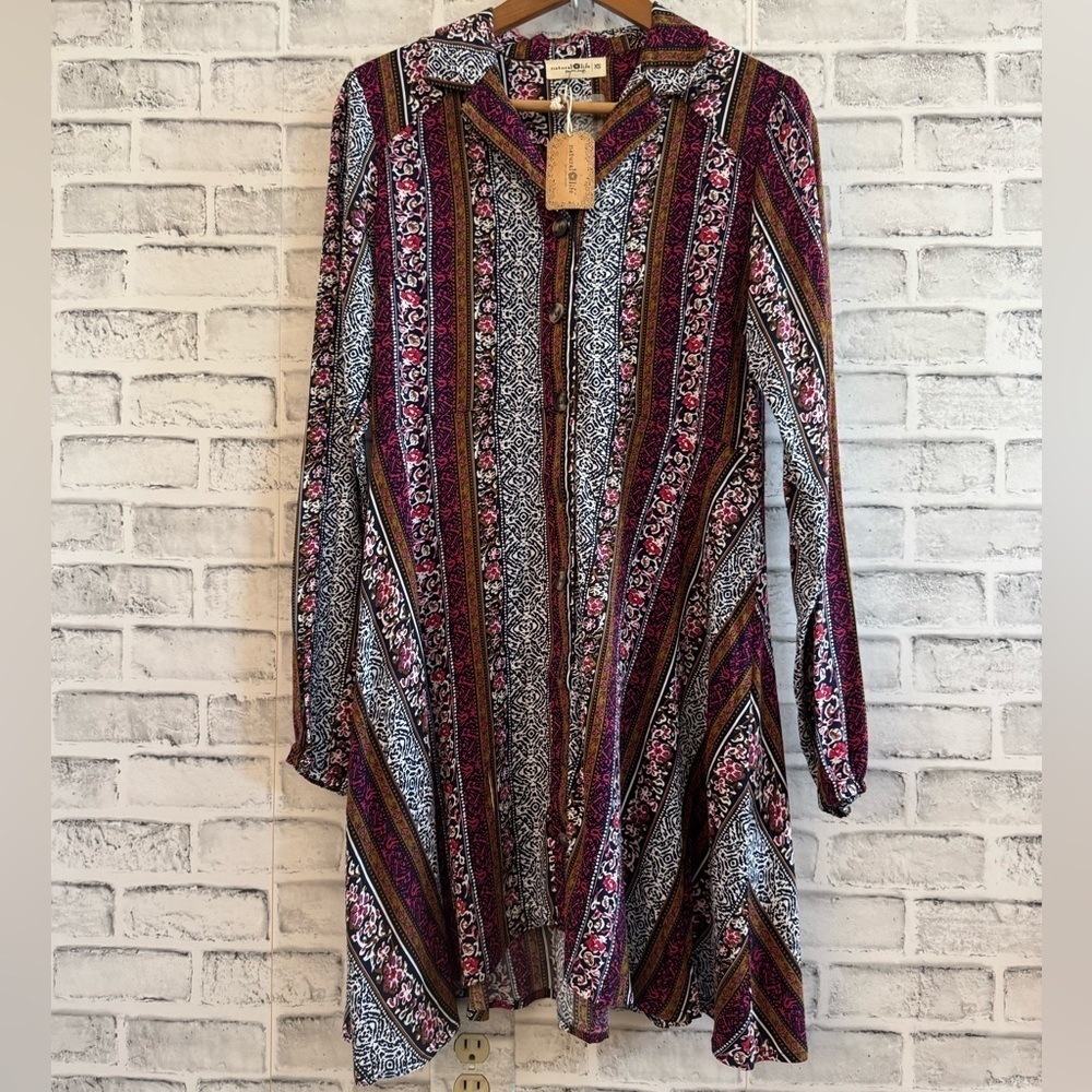 NWT! Women’s Natural Life long sleeve collared knee length boho shirt dress XS - Picture 1 of 5